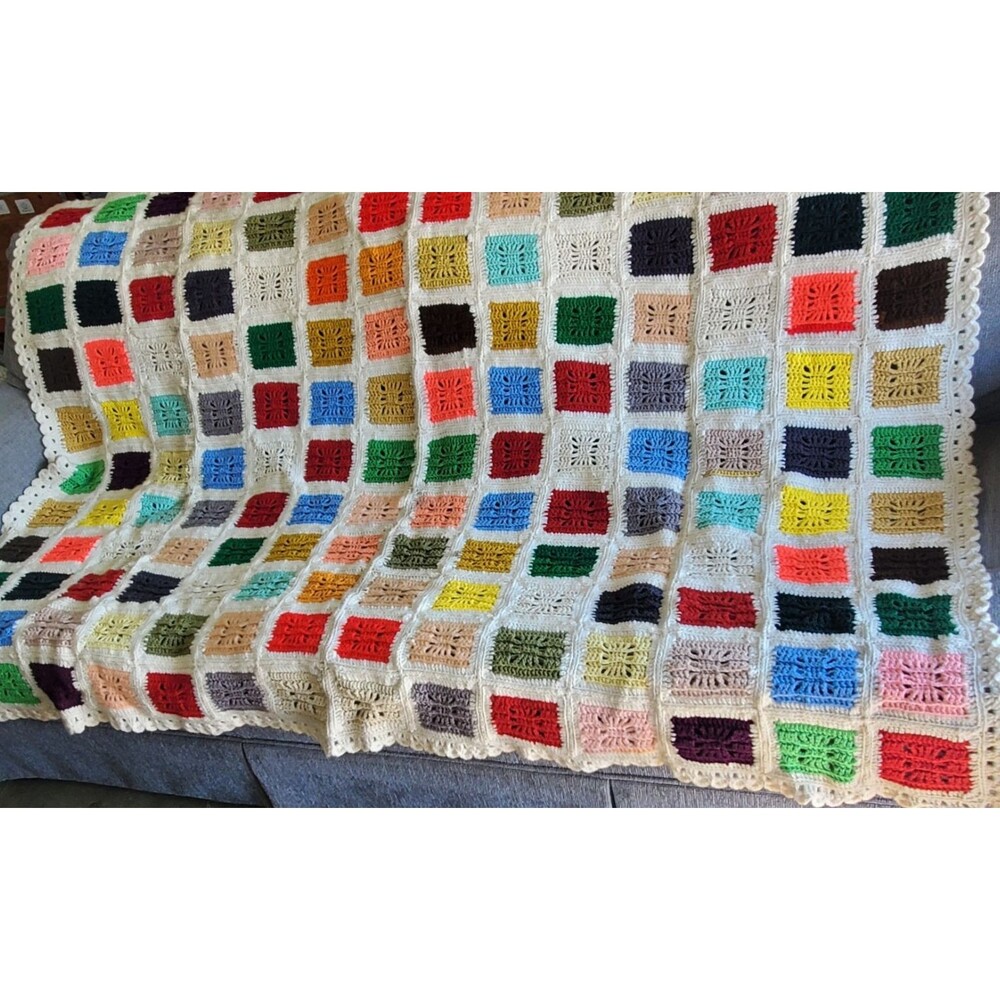 Hand Crocheted Colorful Granny Square Afghan 64” X 48” Warm Cozy Grannycore